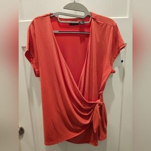 Tahari Wrap Top Knot Front Short Sleeve Blouse Elegant Coral Red Large